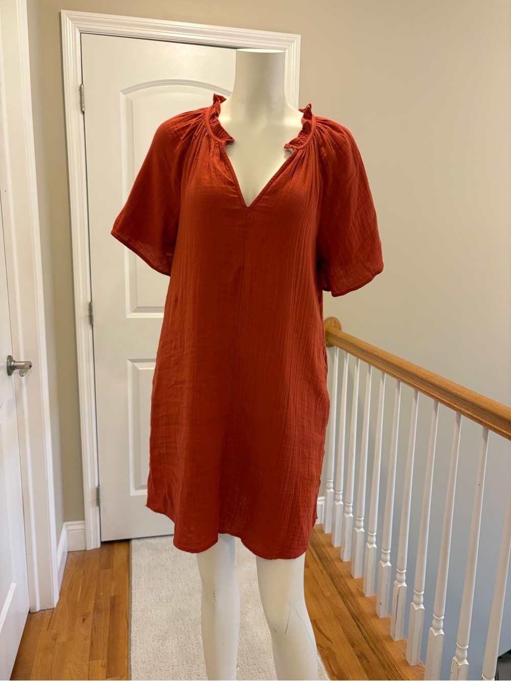 Rust Gauze V-Neck Shift Dress